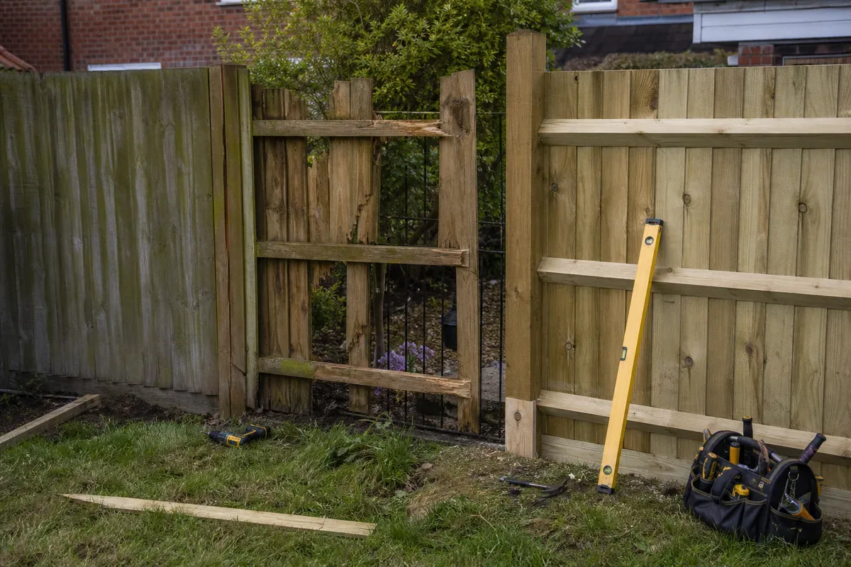 Damaged garden fence being repaired in Wakefield